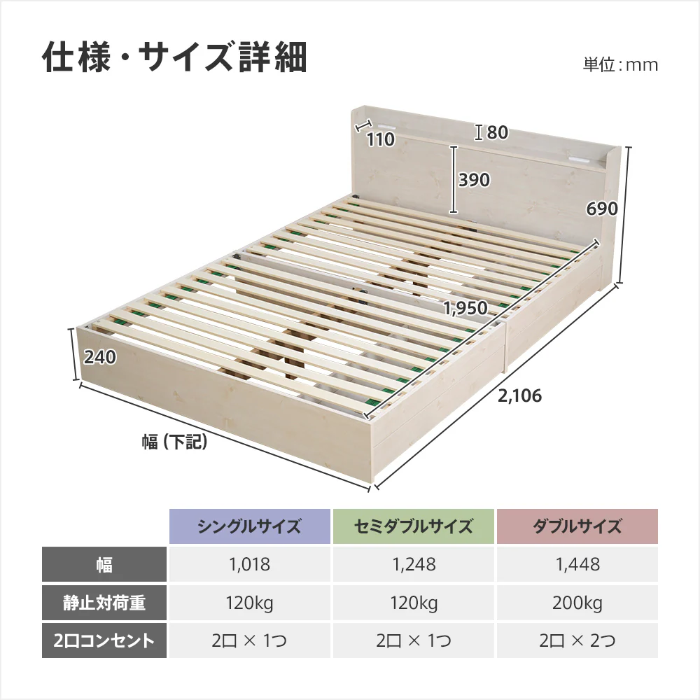 【収納付き】ベッドフレーム 宮棚 コンセント付き 引き出し2杯 木目調 [NERERU-ST ネレル] - Image 35