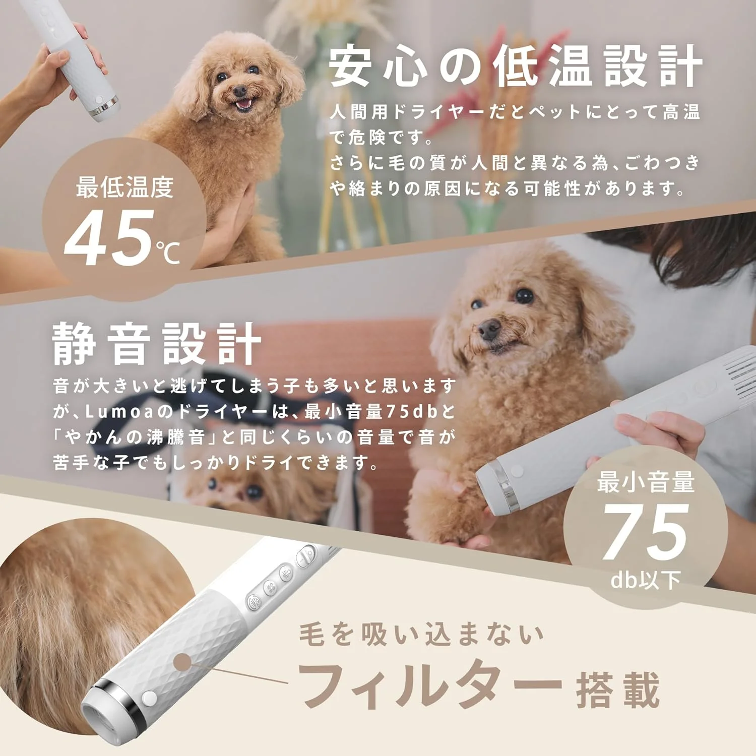 ペット犬猫用 高濃度イオン 速乾低温ドライヤー ハンディタイプ 温度風量調節可能 家庭用 旅行用【PSE認証】 - Image 6